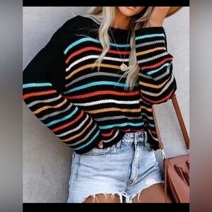 Women's Long Bell Sleeve Rainbow Striped Loose Oversized Pullover Sweater